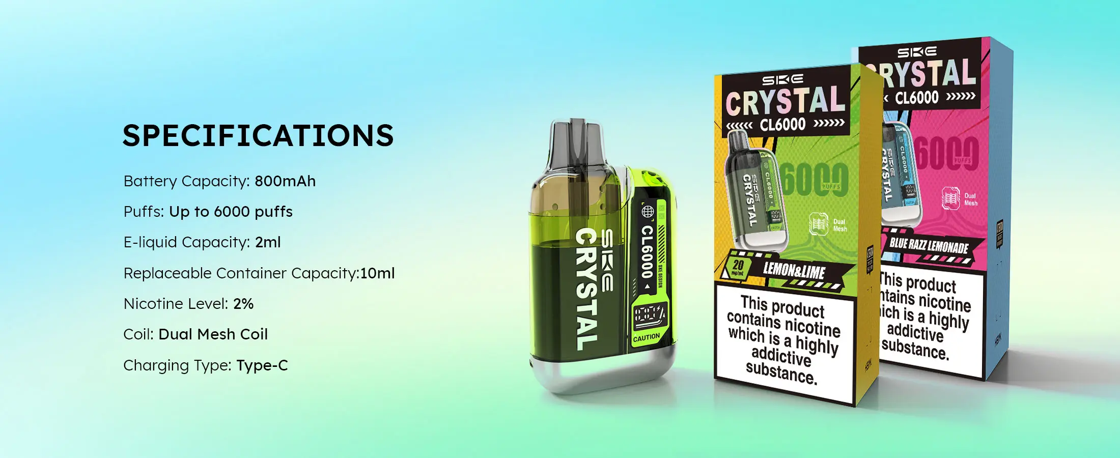 Crystal CL6000 Puffs Vape Prefilled Kit Dual Mesh Coil