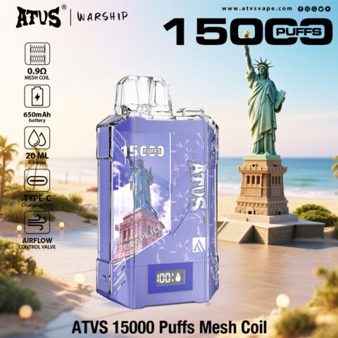 DE017 Cigarette électronique jetable Puff 15000 Taff avec affichage LED débit d'air rechargeable et réglable ATVS Vape