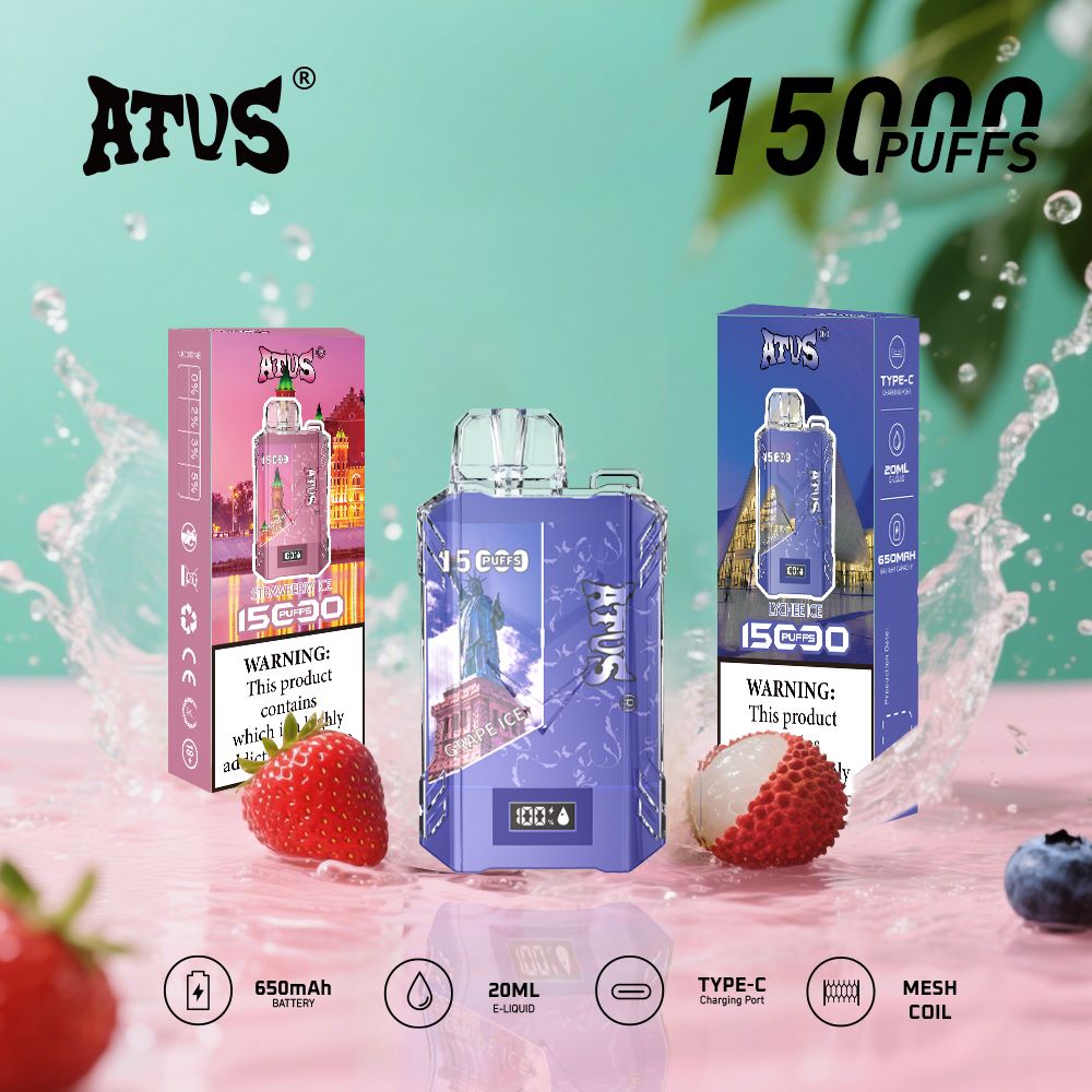 DE017 Cigarette électronique jetable Puff 15000 Taff avec affichage LED débit d'air rechargeable et réglable ATVS Vape