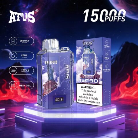 DE017 Cigarette électronique jetable Puff 15000 Taff avec affichage LED débit d'air rechargeable et réglable ATVS Vape