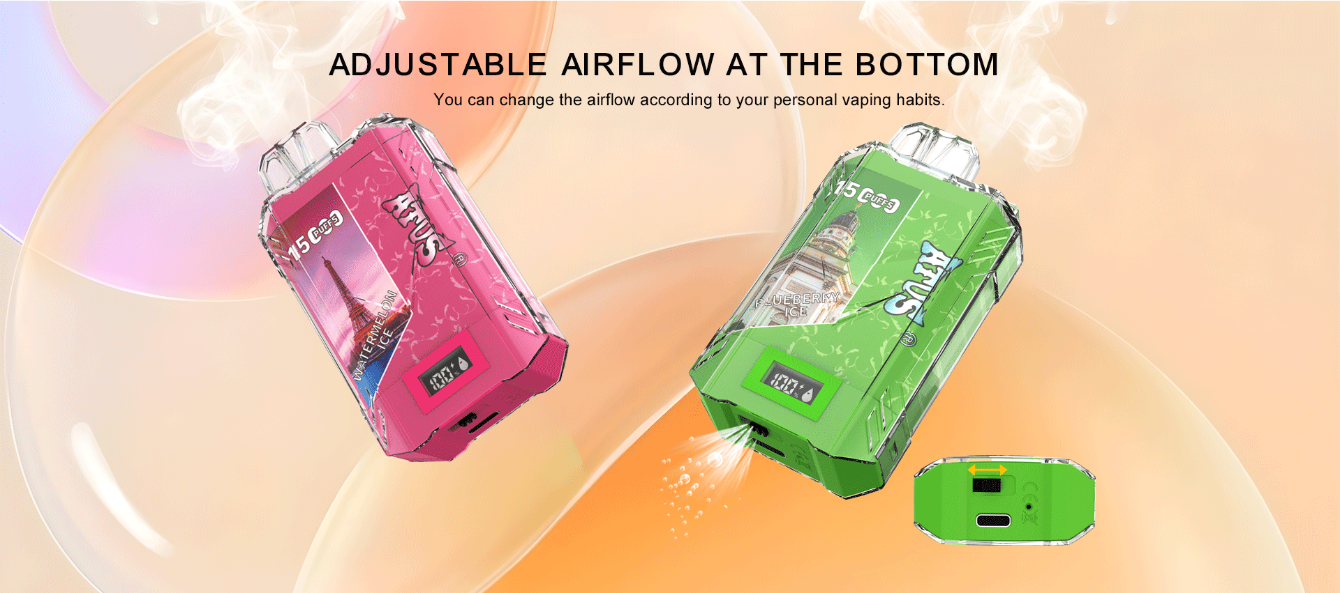 DE017 Cigarette électronique jetable Puff 15000 Taff avec affichage LED débit d'air rechargeable et réglable ATVS Vape