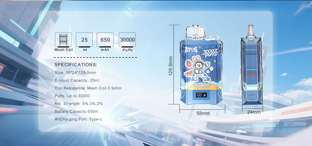 DE017 Cigarette électronique jetable Puff 30000 Taff avec affichage LED débit d'air rechargeable et réglable ATVS Vape
