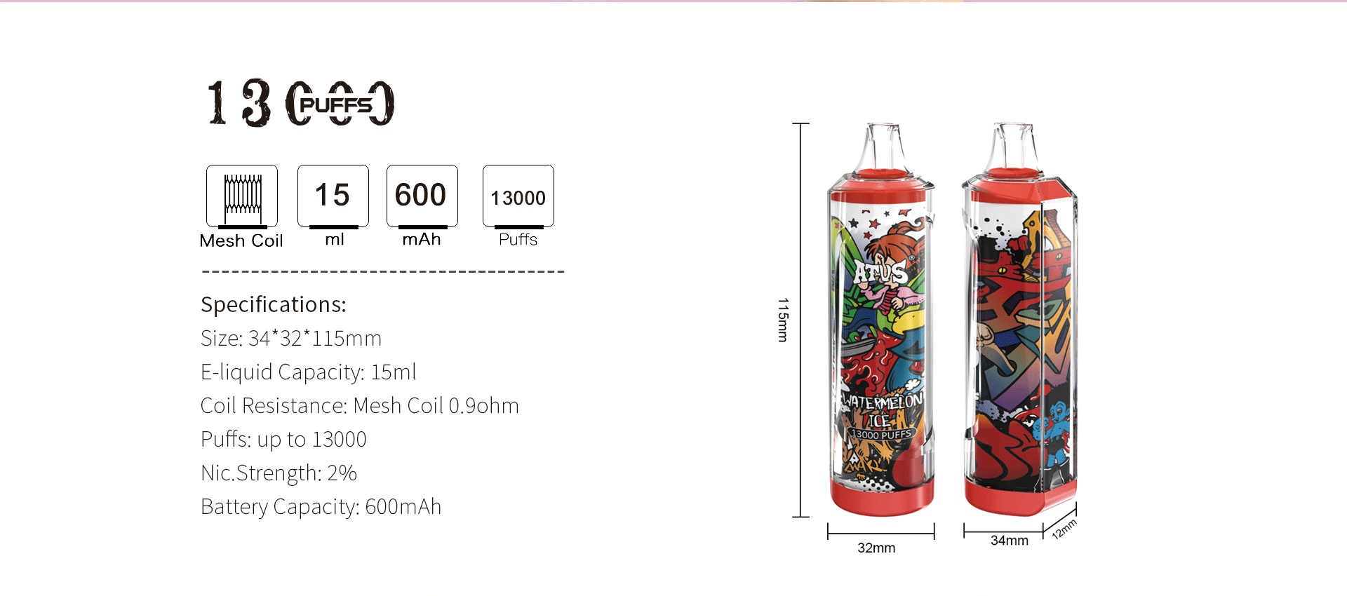 DE018 Vape jetable 13000 bouffées avec batterie rechargeable ATVS Vape