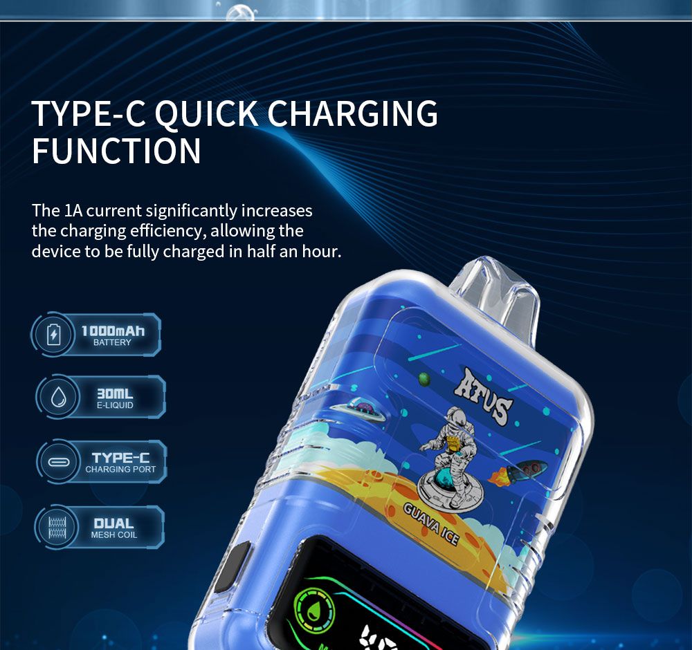 DE021 Cigarette électronique jetable Puff 30000 Taff avec Afficheur LED rechargeable et débit d'air réglable MTL DTL ATVS Vape
