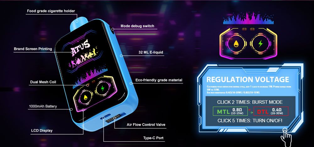 DE022 Cigarette électronique jetable Puff 35000 Taff avec Plein écran rechargeable et débit d'air réglable ATVS Vape