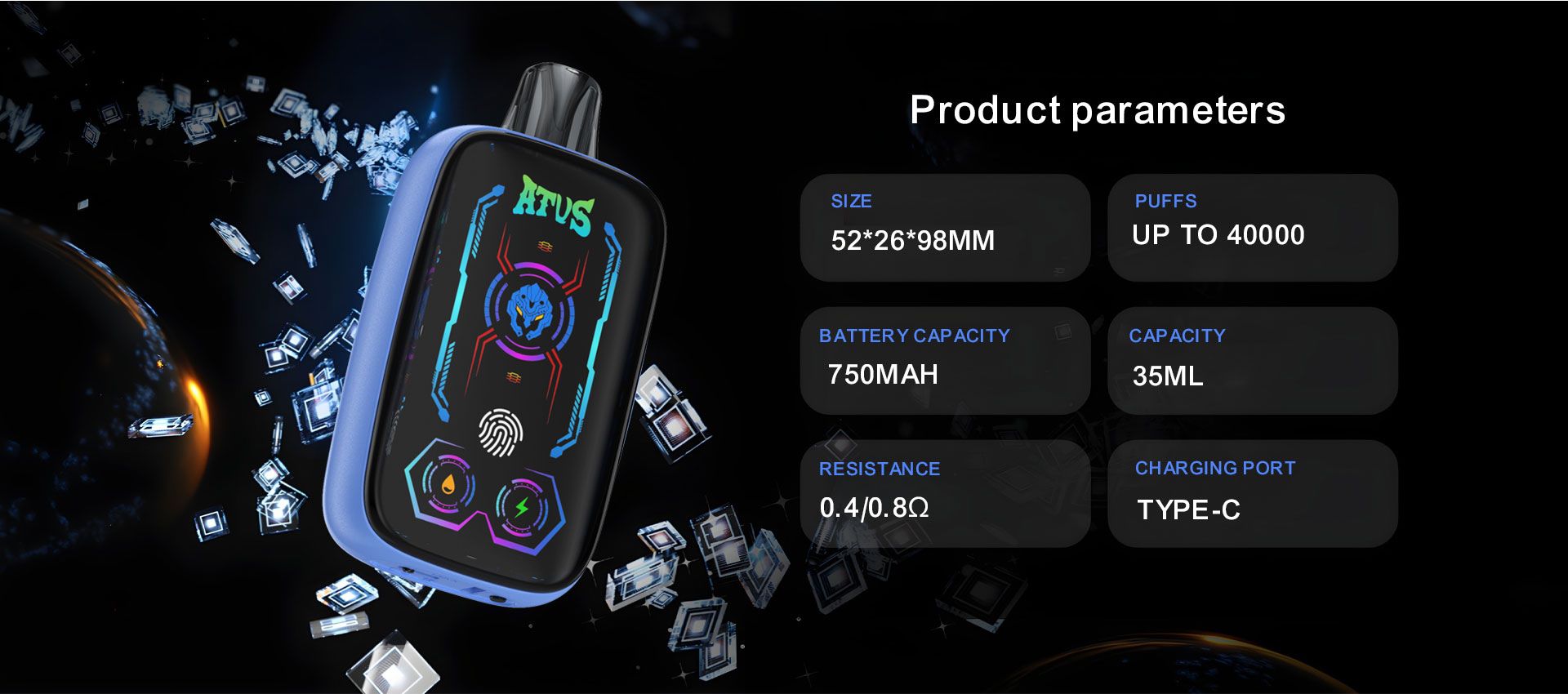 DE023 Vape jetable 40000 bouffées avec écran complet rechargeable et flux d'air réglable ATVS Vape