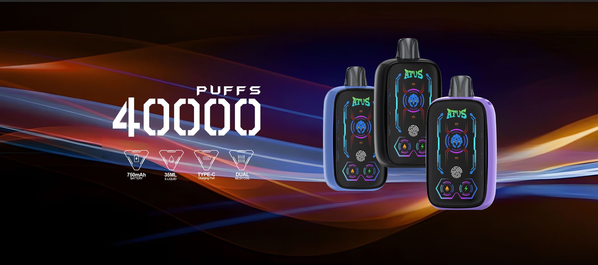 DE023 Vape jetable 40000 bouffées avec écran complet rechargeable et flux d'air réglable ATVS Vape