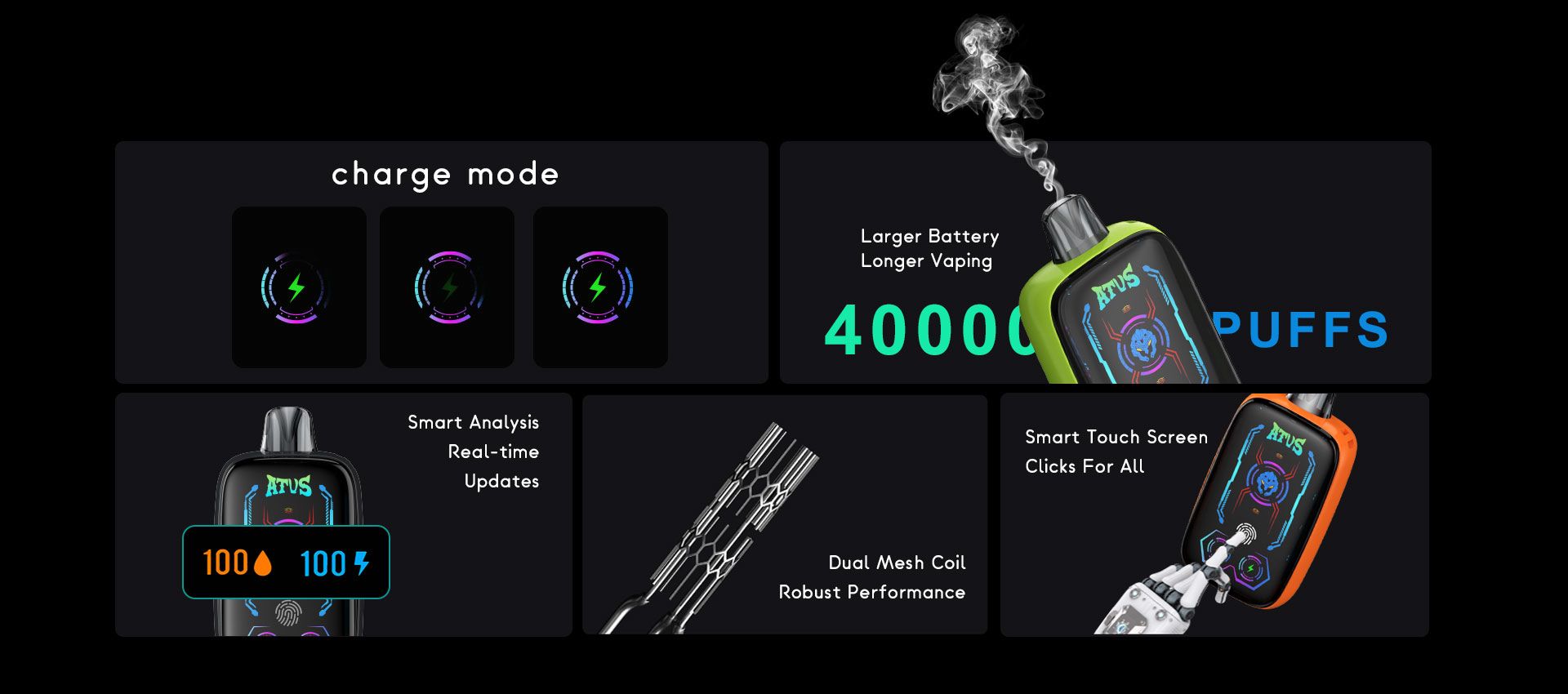 DE023 Vape jetable 40000 bouffées avec écran complet rechargeable et flux d'air réglable ATVS Vape