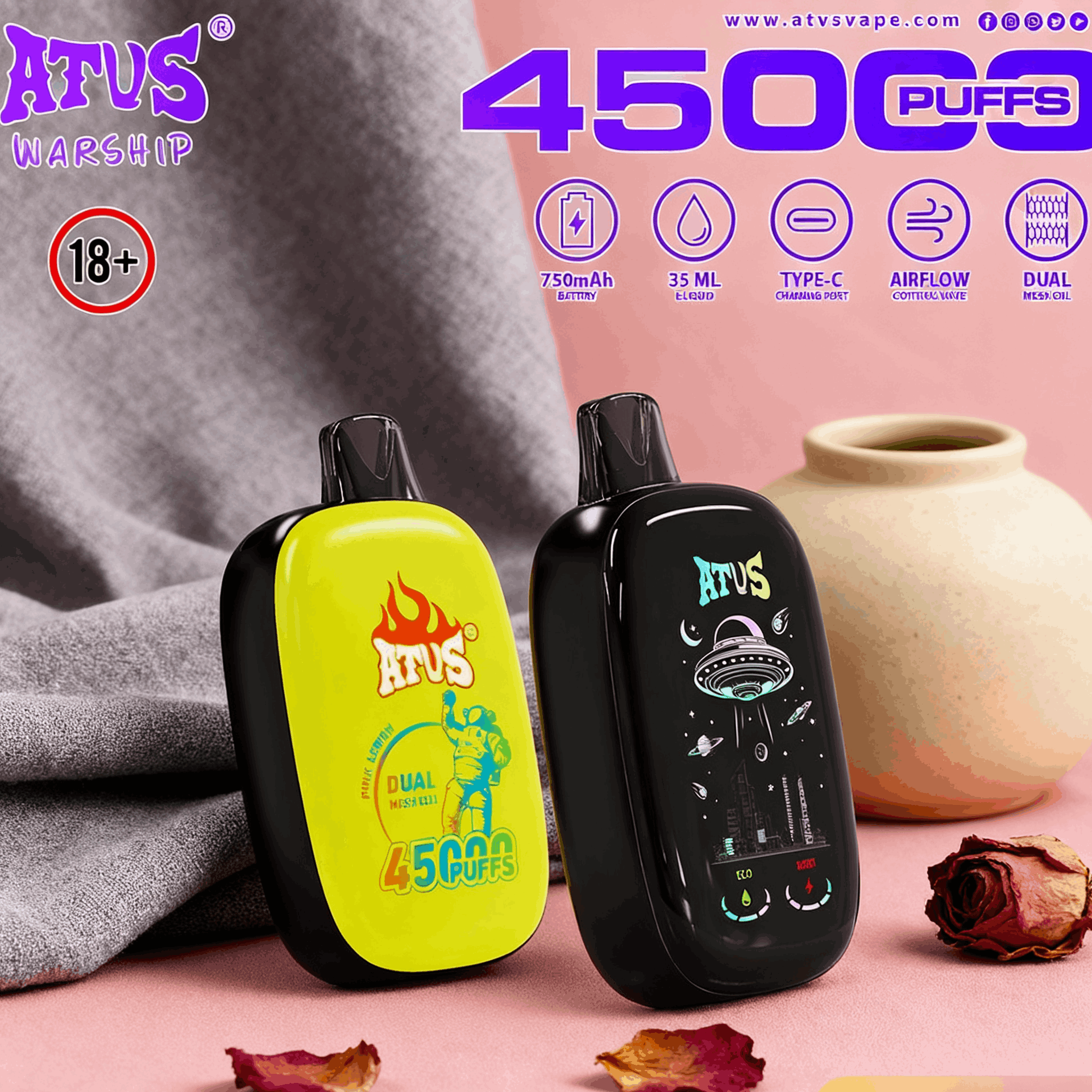 DE023 Vape jetable 40000 bouffées avec écran complet rechargeable et flux d'air réglable ATVS Vape