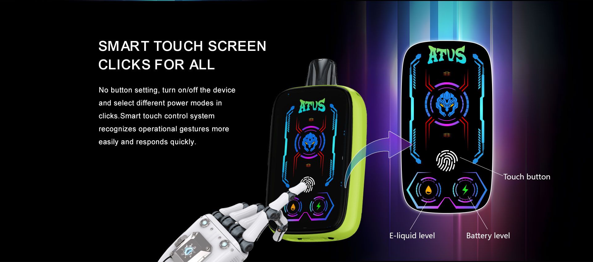 DE023 Vape jetable 40000 bouffées avec écran complet rechargeable et flux d'air réglable ATVS Vape