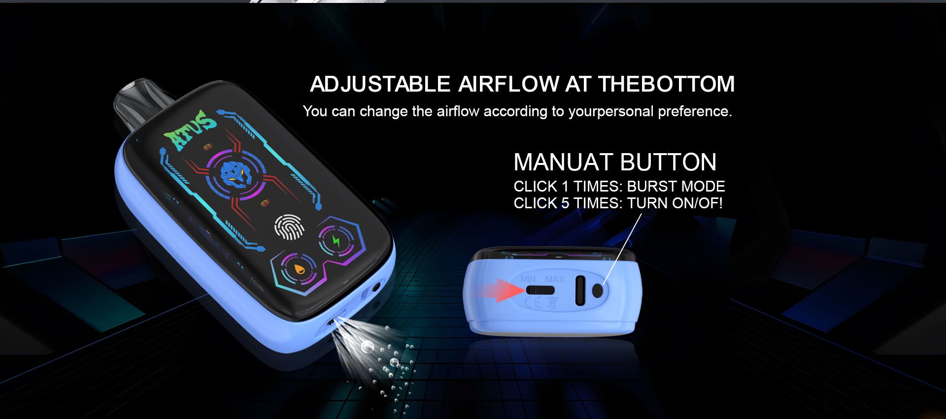 DE023 Vape jetable 40000 bouffées avec écran complet rechargeable et flux d'air réglable ATVS Vape