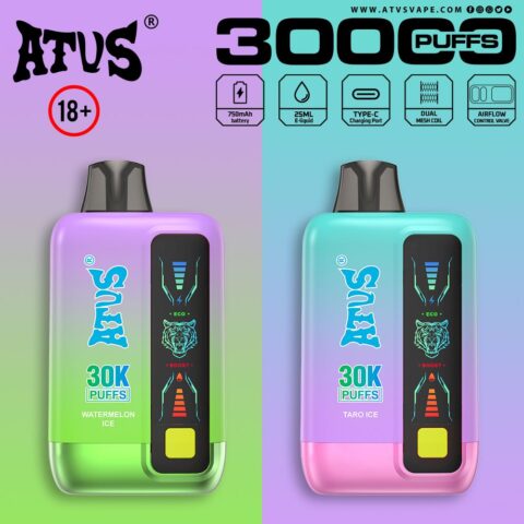 DE026 Vape jetable 30000 bouffées avec écran d'affichage LED et débit d'air réglable ATVS Vape