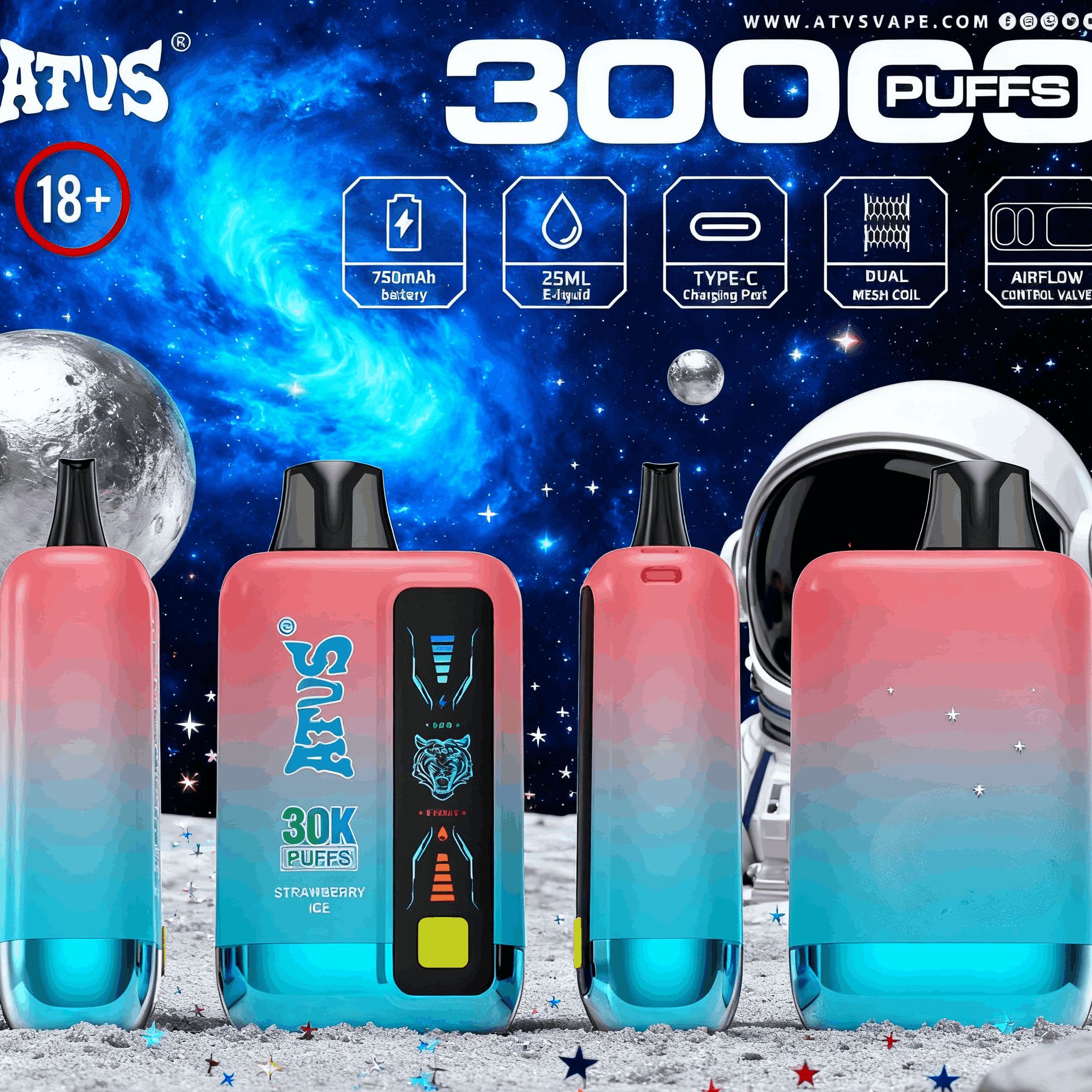 DE026 Vape jetable 30000 bouffées avec écran d'affichage LED et débit d'air réglable ATVS Vape