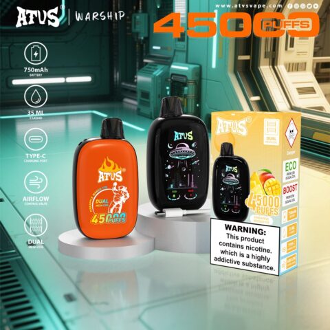 DE027 Vape jetable 45000 bouffées avec écran complet rechargeable et flux d'air réglable ATVS Vape