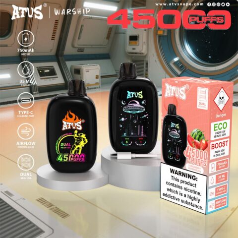 DE027 Vape jetable 45000 bouffées avec écran complet rechargeable et flux d'air réglable ATVS Vape