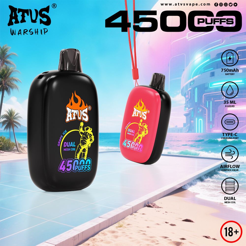 DE027 Vape jetable 45000 bouffées avec écran complet rechargeable et flux d'air réglable ATVS Vape