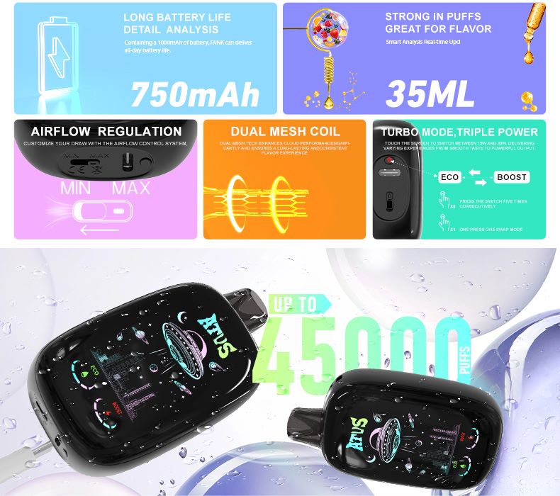 DE027 Vape jetable 45000 bouffées avec écran complet rechargeable et flux d'air réglable ATVS Vape