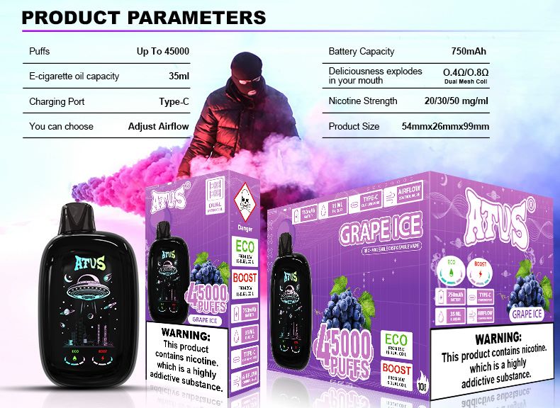DE027 Vape jetable 45000 bouffées avec écran complet rechargeable et flux d'air réglable ATVS Vape